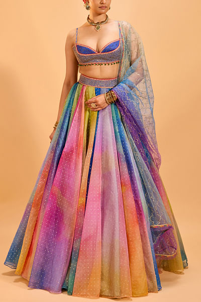 Multicolour shaded print lehenga set