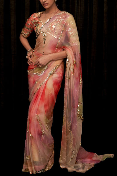 Multicolour shaded print pre-draped sari set