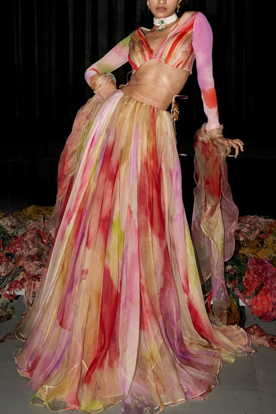 Multicolour shaded printed lehenga set