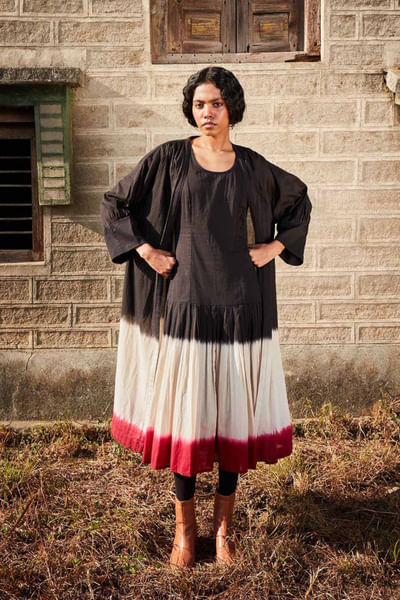 Multicolour shibori dip-dyed dress and overlay