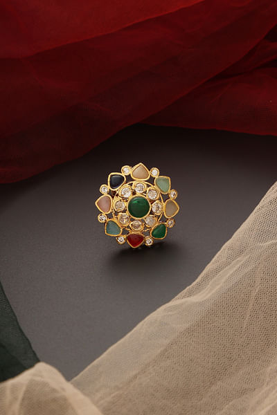Multicolour stone and kundan ring