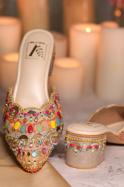 Multicolour stone embellished mule heels