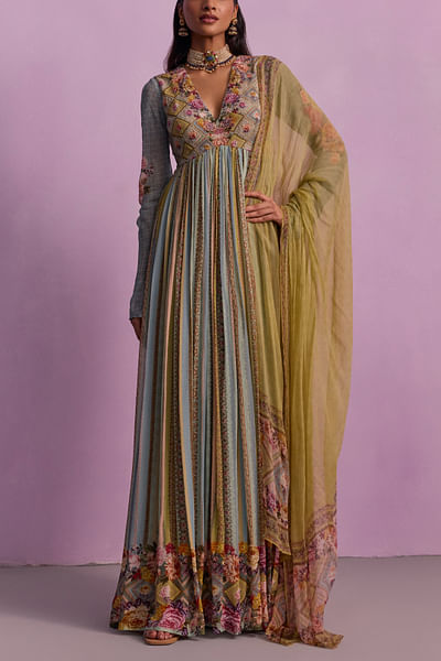 Multicolour stripe and floral print anarkali set