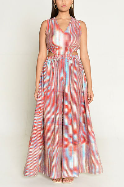 Multicolour stripe block printed jumpsuit
