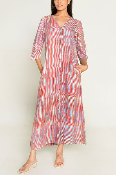 Multicolour stripe block printed shirt dress