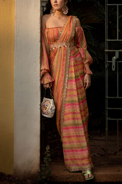 Multicolour stripe printed pre-draped sari set