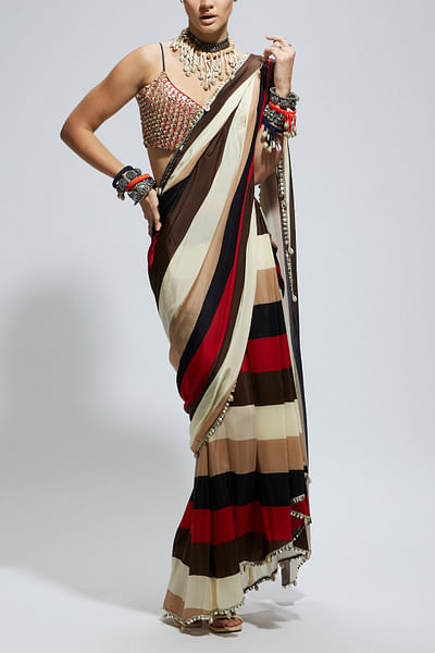 Multicolour stripe printed pre-draped sari set