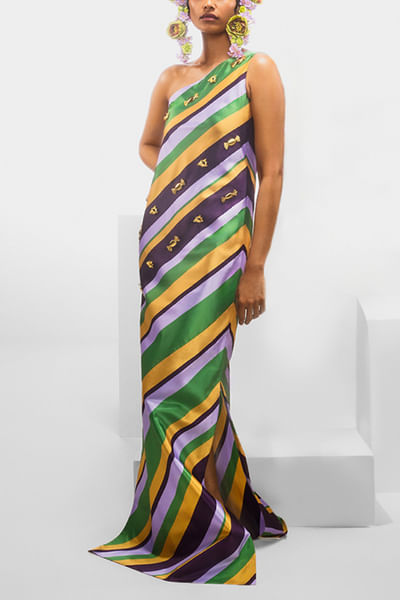 Multicolour striped one-shoulder dress