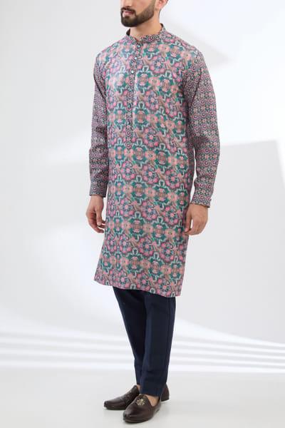 Multicolour swan printed sequinned kurta set