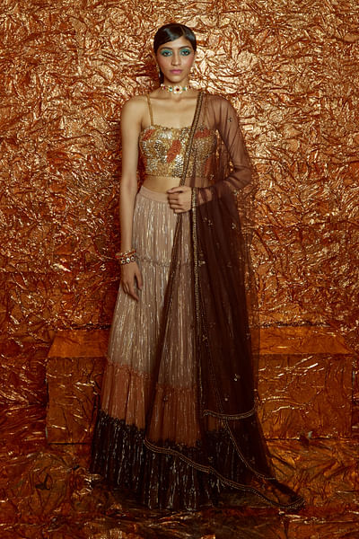 Multicolour tiered lehenga set