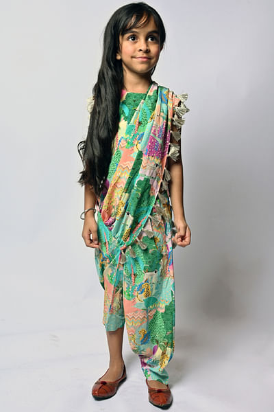Multicolour tree and animal print dhoti sari set