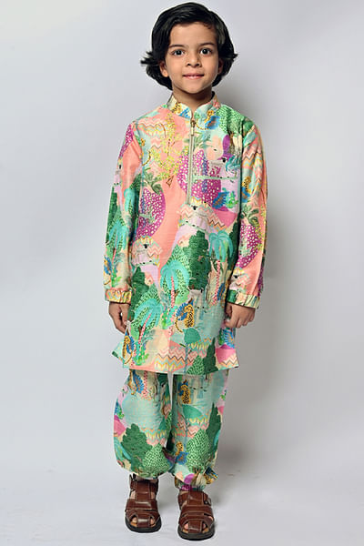 Multicolour tree and animal print kurta set