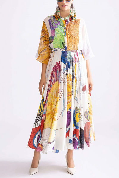 Multicolour tribal floral print buttoned dress