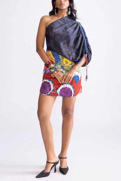 Multicolour tribal print one-shoulder mini dress