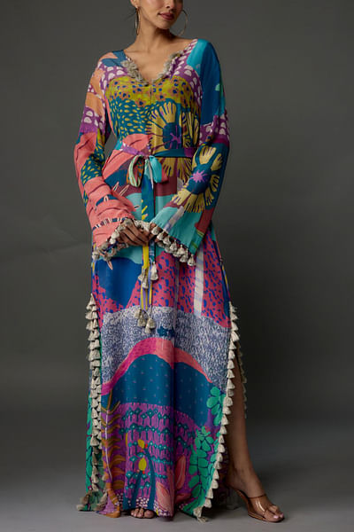 Multicolour tropical printed maxi dress
