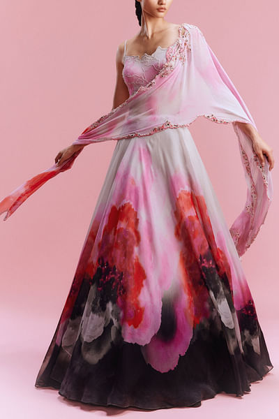 Multicolour watercolour printed lehenga set
