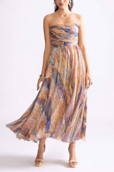 Multicolour wave printed strapless midi dress