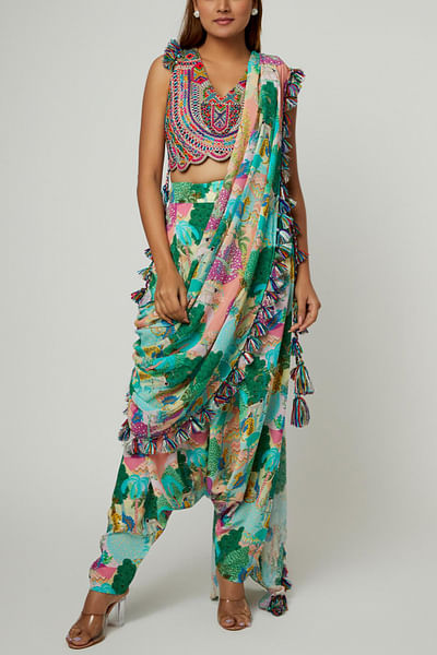 Multicolour wildlife print dhoti sari set