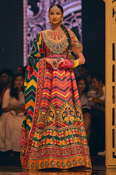 Multicolour zig-zag embroidered anarkali set