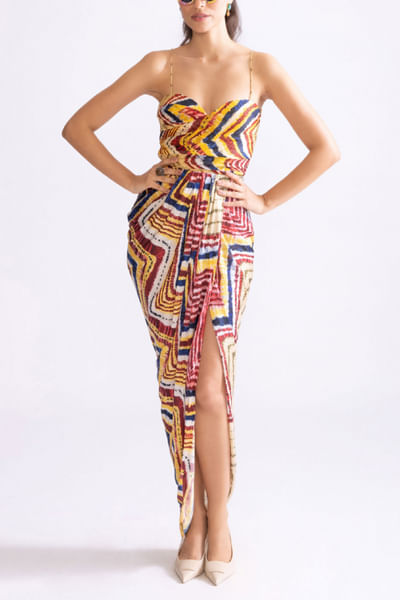 Multicolour zig-zag printed draped dress