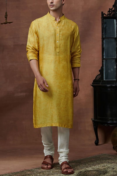 Mustard abstract leaf self printed kurta