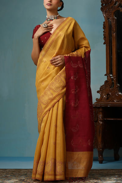 Mustard and maroon handwoven sari set