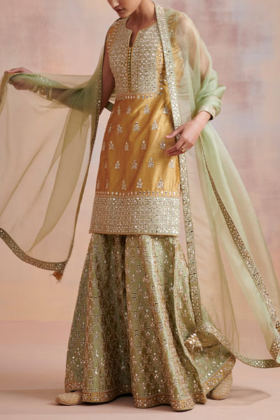 Mustard and sage green mirror gharara set