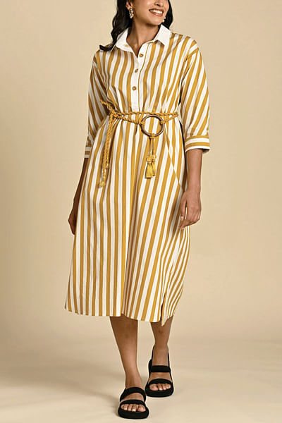 Mustard and white stripe printed dress