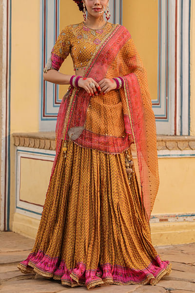 Mustard chintz print crushed lehenga set