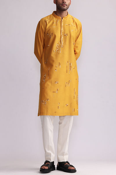 Mustard direction arrow embroidered kurta set