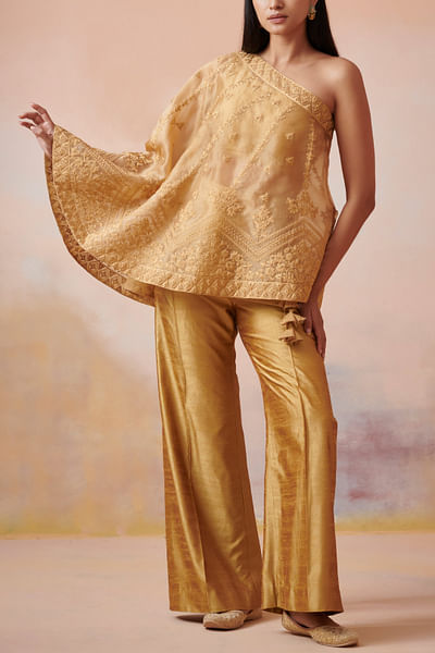 Mustard dori embroidered one-shoulder cape set