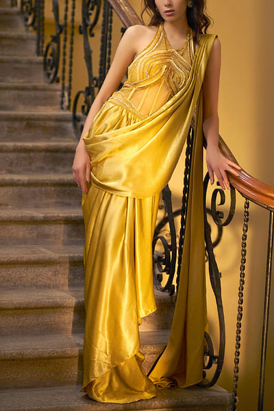 Mustard drape sari gown