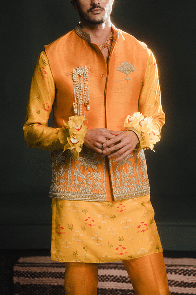 Mustard embroidered bandi set