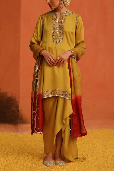 Mustard embroidered kurta skirt set