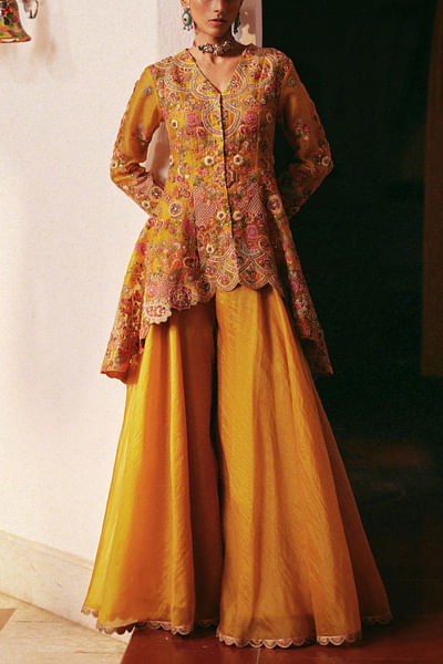 Mustard embroidered peplum and sharara set