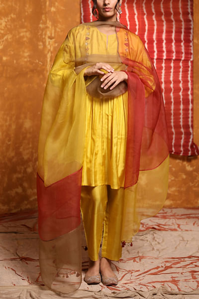 Mustard embroidered silk kurta set