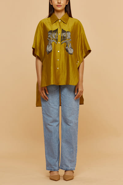 Mustard floral applique asymmetric kaftan shirt