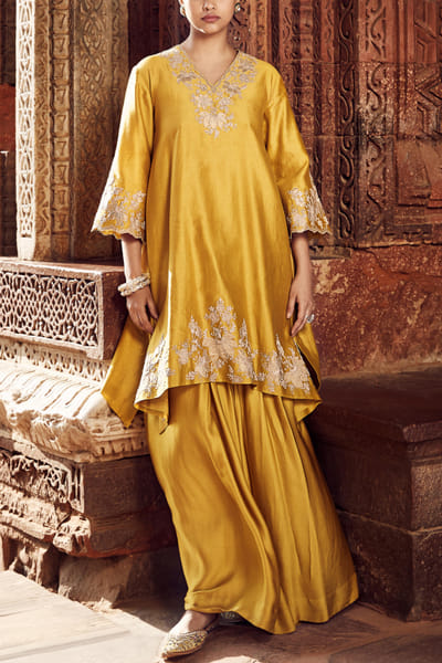 Mustard floral appliqued kurta set