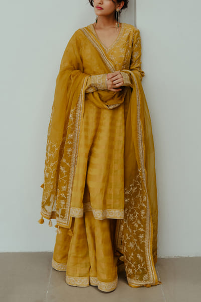 Mustard floral dori embroidery anarkali set