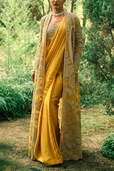 Mustard floral embroidered jacket and sari set