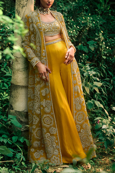 Mustard floral embroidered jacket set