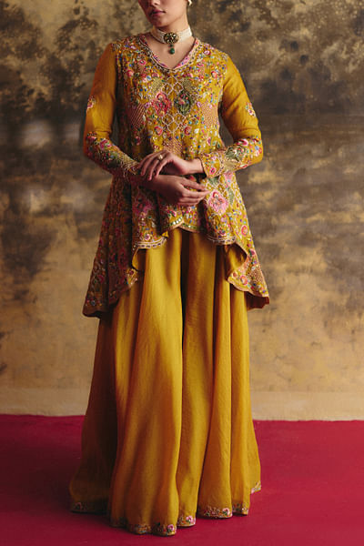 Mustard floral embroidered sharara set