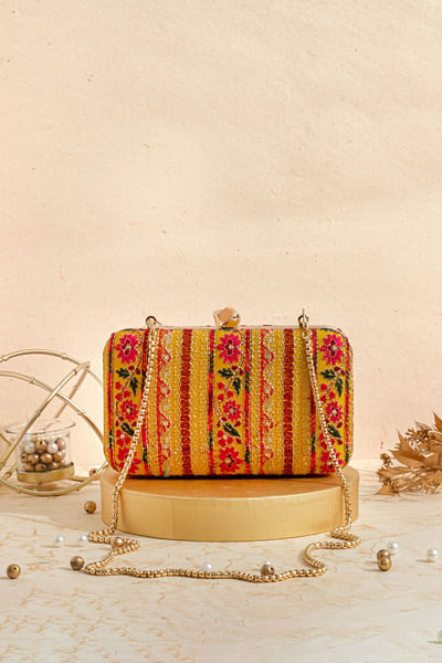 Mustard floral embroidery box clutch