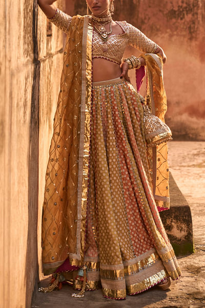 Mustard floral embroidery panelled lehenga set