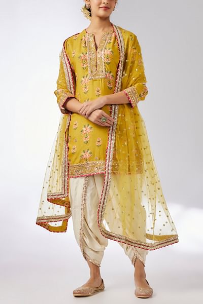 Mustard floral print embroidered kurta set