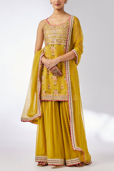 Mustard floral print embroidered kurta sharara set