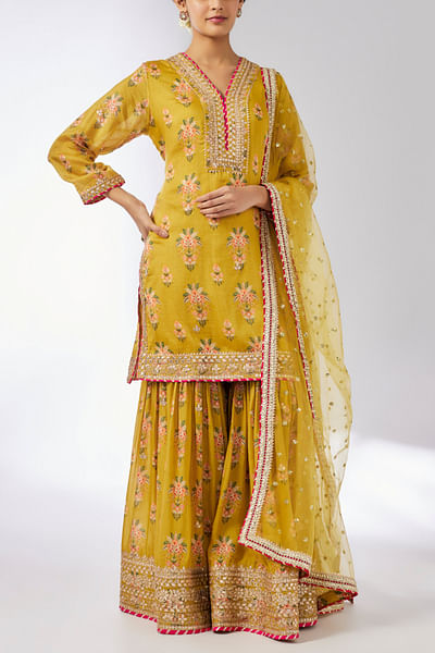 Mustard floral print embroidered sharara set