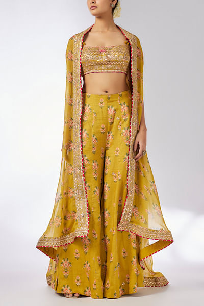 Mustard floral printed cape set