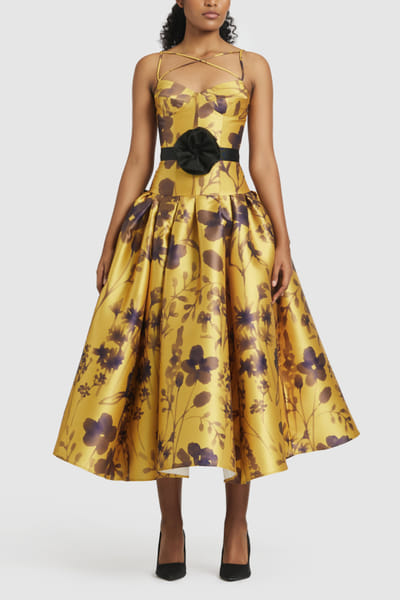 Mustard floral printed corseted midi dress
