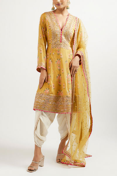 Mustard floral printed embroidered kurta set